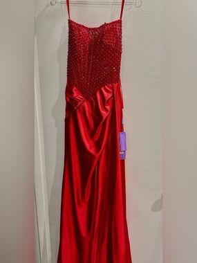 Red Beaded Satin Evening Gown